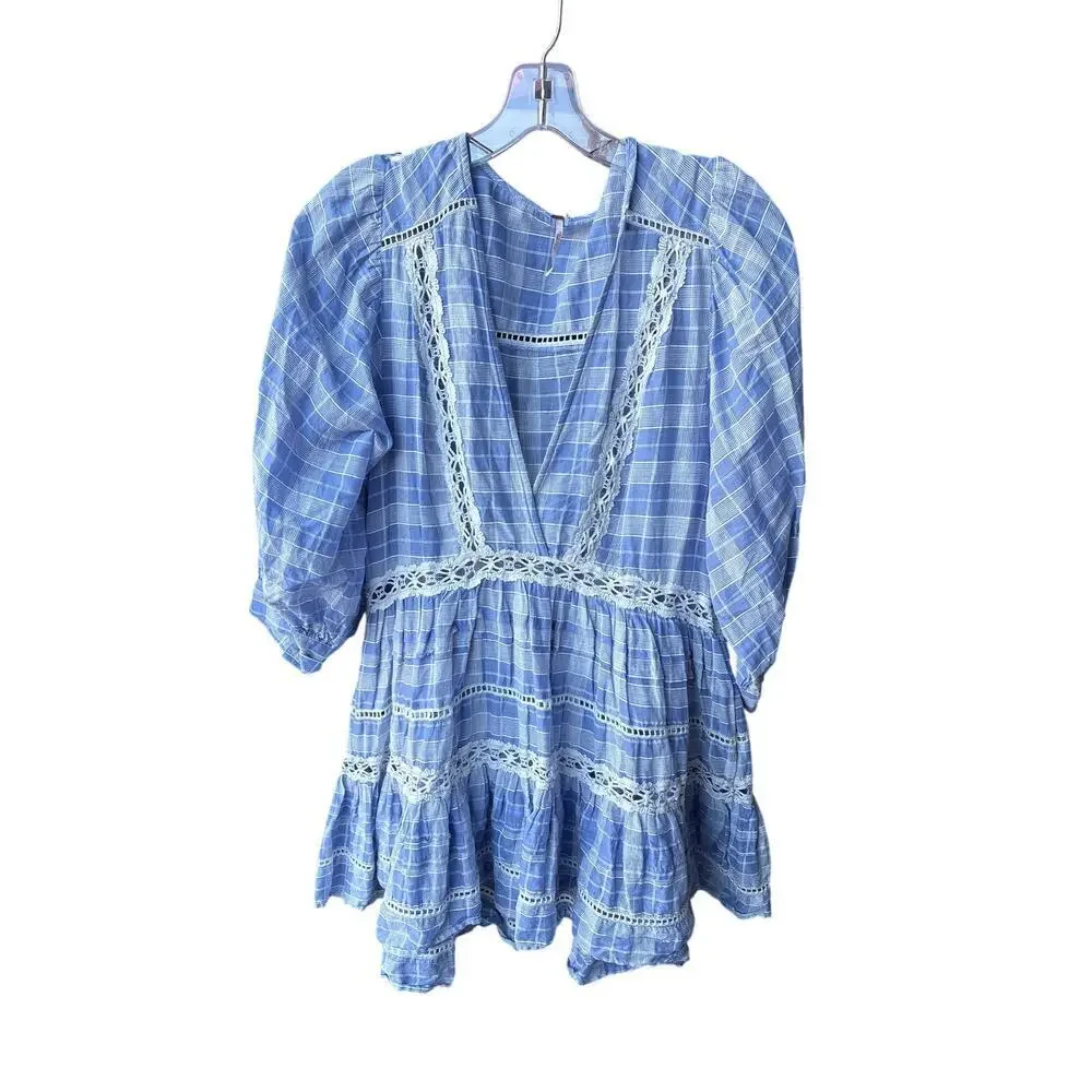 Free People Blue Plaid Lace Trim Tiered Tunic Cottagecore Puff Sleeve Boho